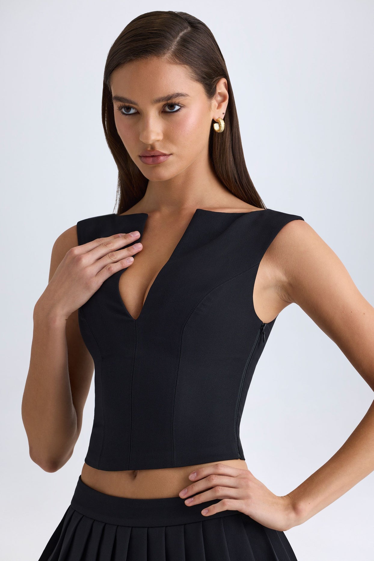 V-Neck Structured Crop Top in Black - 5