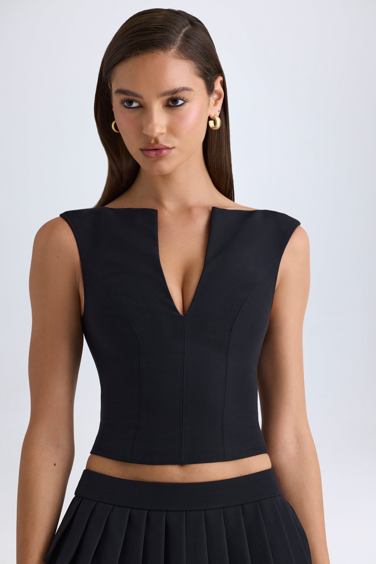 V-Neck Structured Crop Top in Black - 6