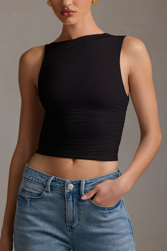 Asymmetric Ruched Tank Top in Black