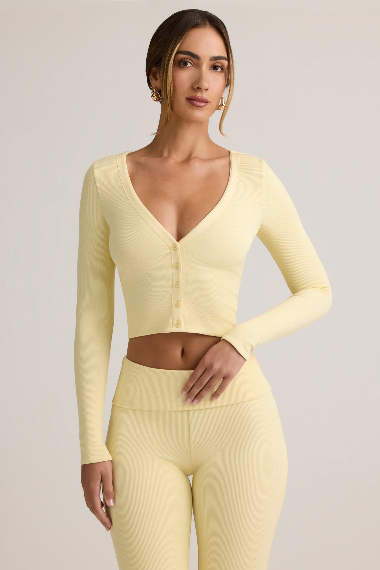 Modal Ribbed Cropped Cardigan in Buttercream Yellow - 1