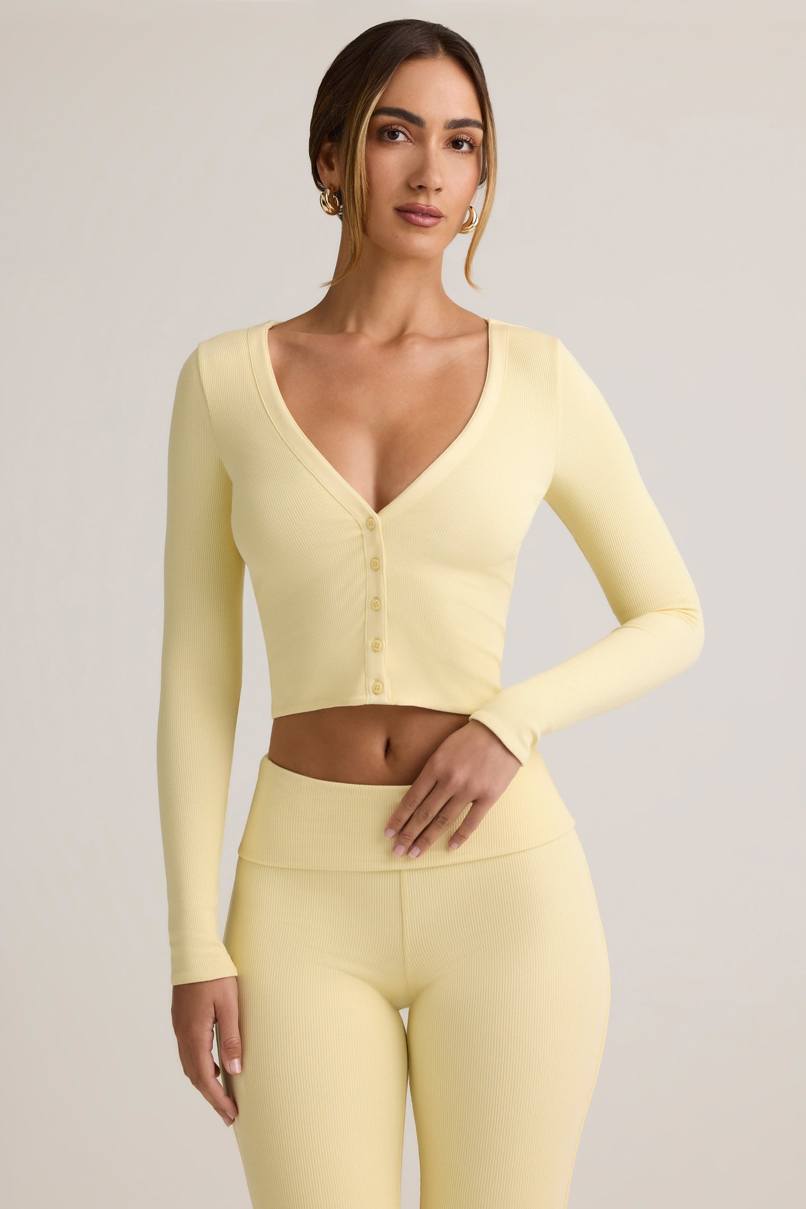 Modal Ribbed Cropped Cardigan in Buttercream Yellow - 1