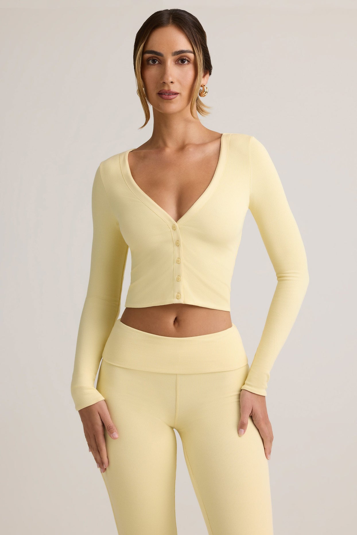 Modal Ribbed Cropped Cardigan in Buttercream Yellow - 6