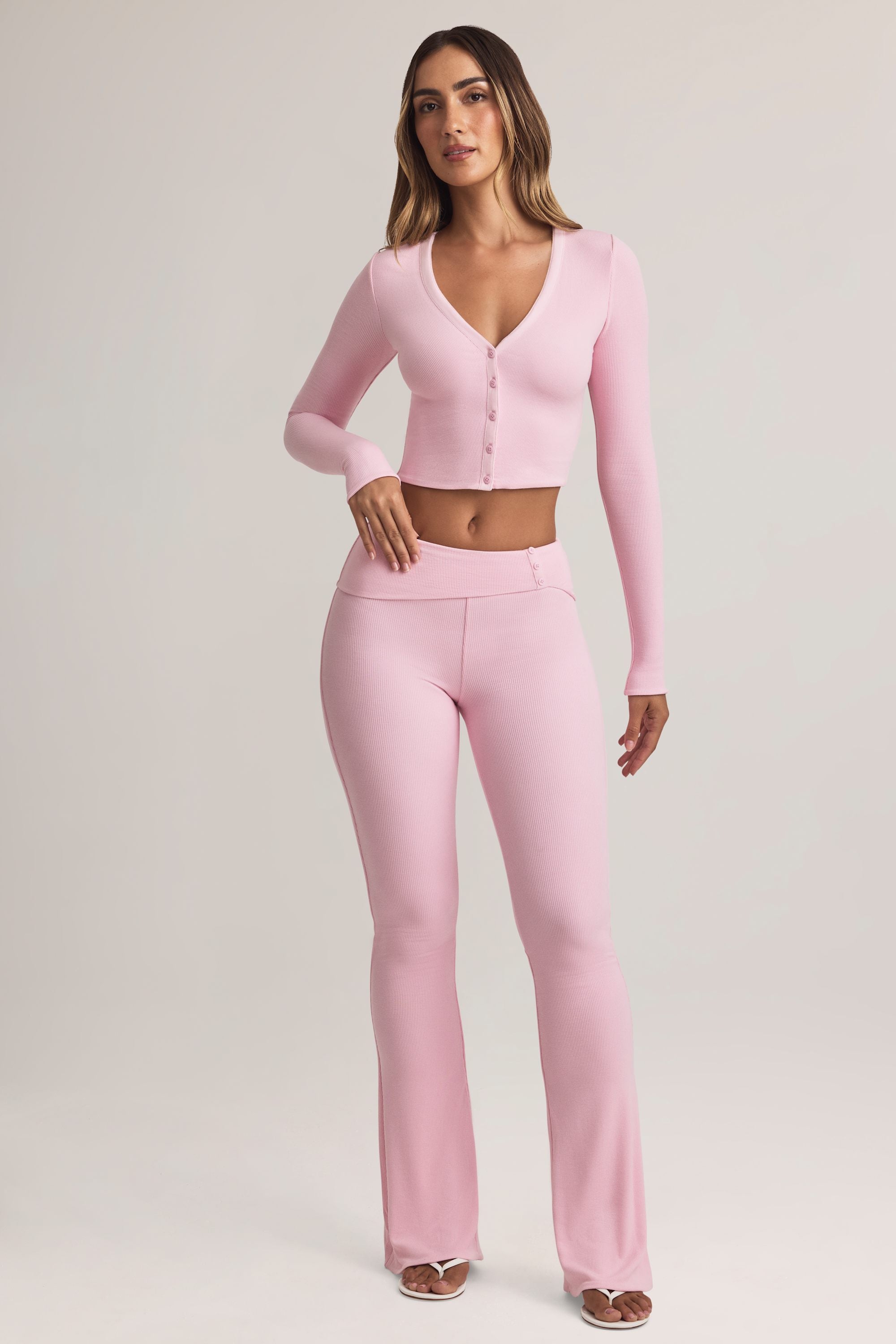 Modal Ribbed Cropped Cardigan in Pastel Pink
