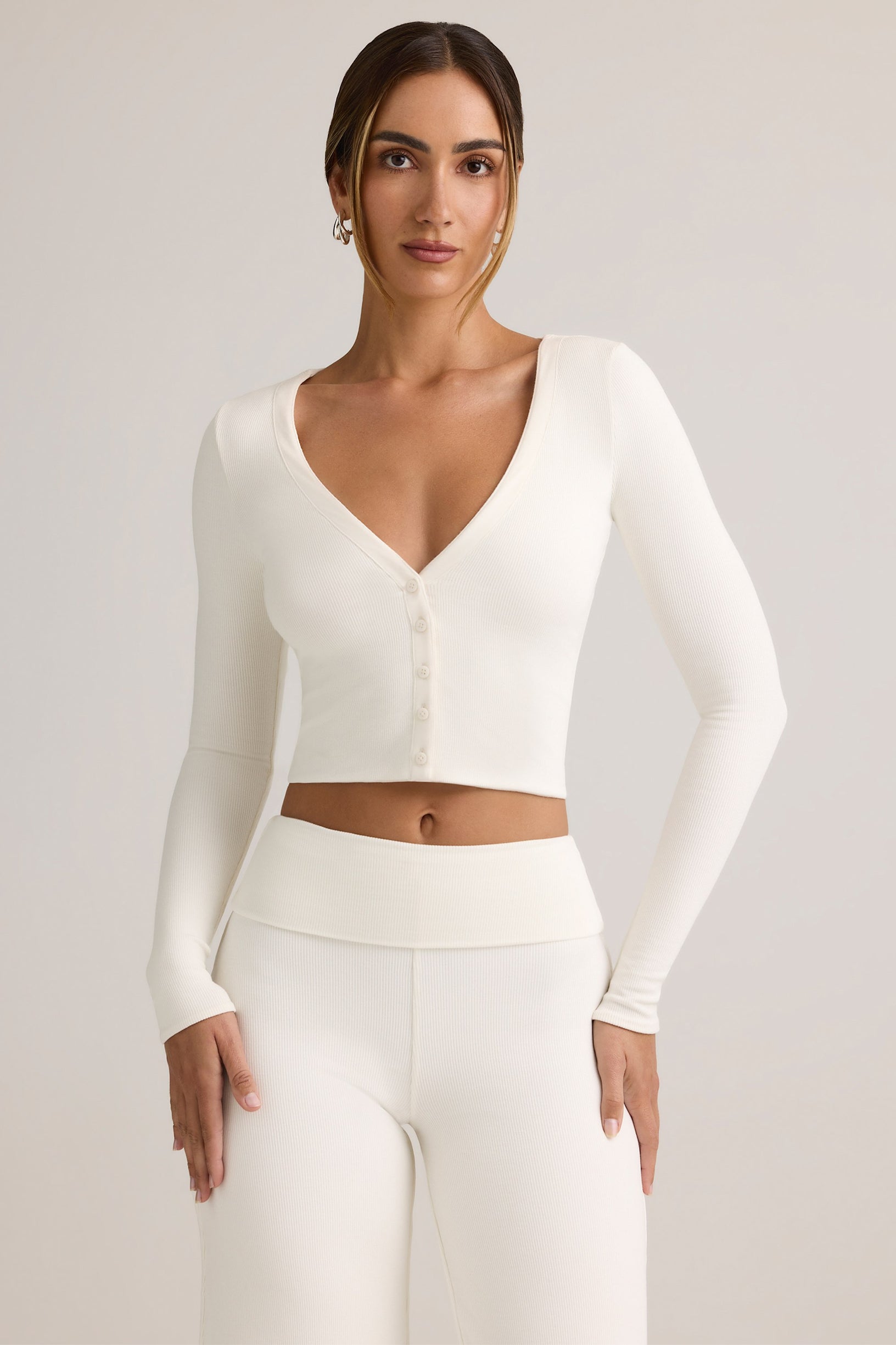 Modal Ribbed Cropped Cardigan in White - 1