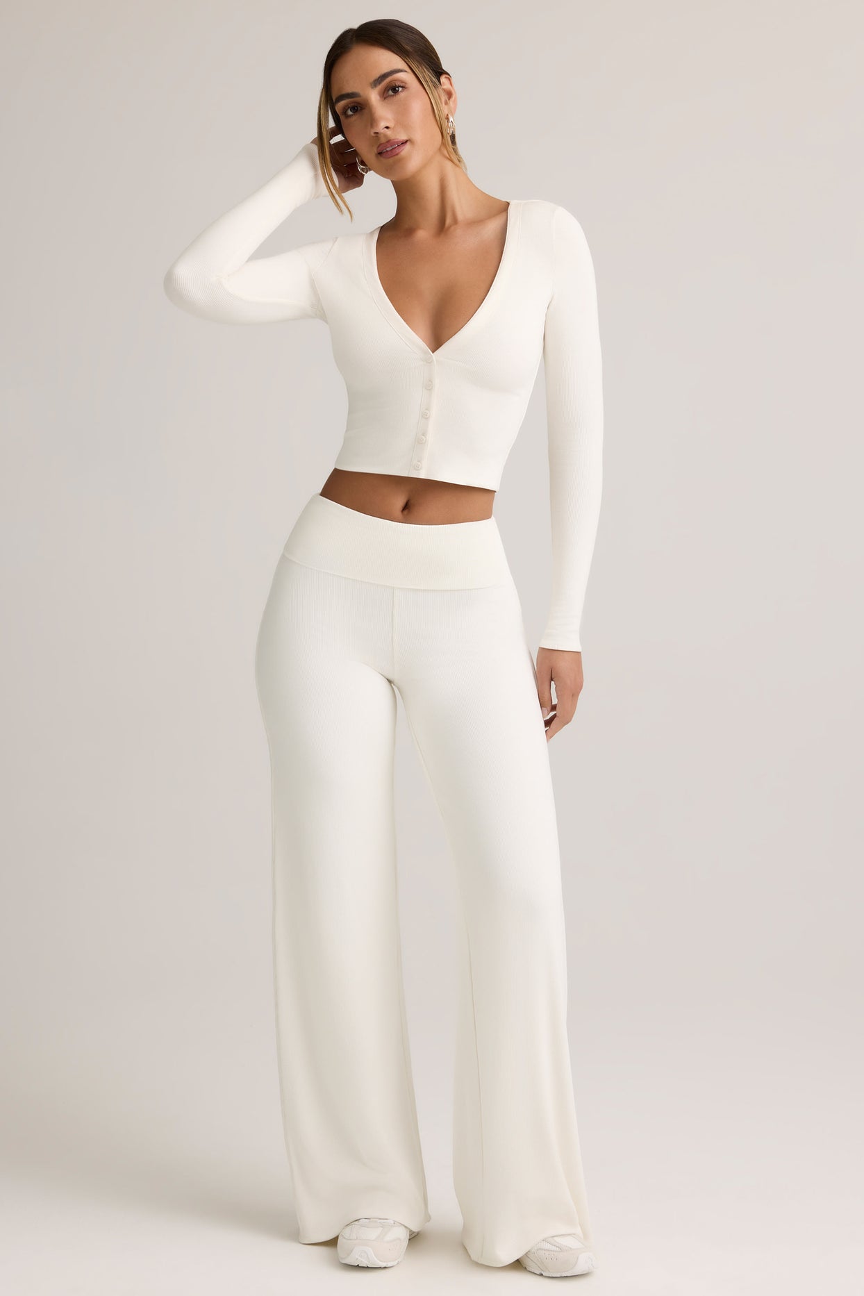 Modal Ribbed Cropped Cardigan in White - 5