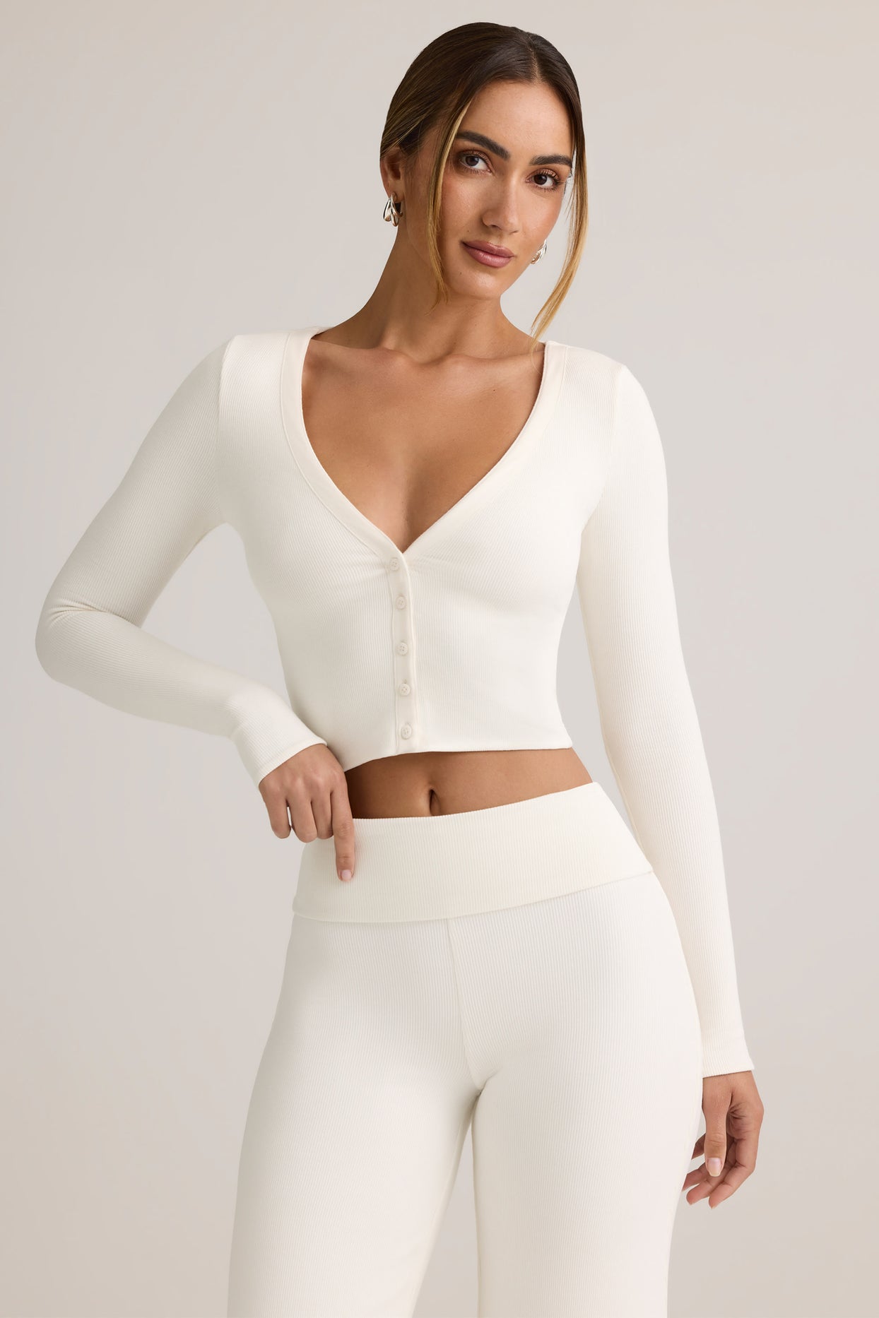 Modal Ribbed Cropped Cardigan in White - 6