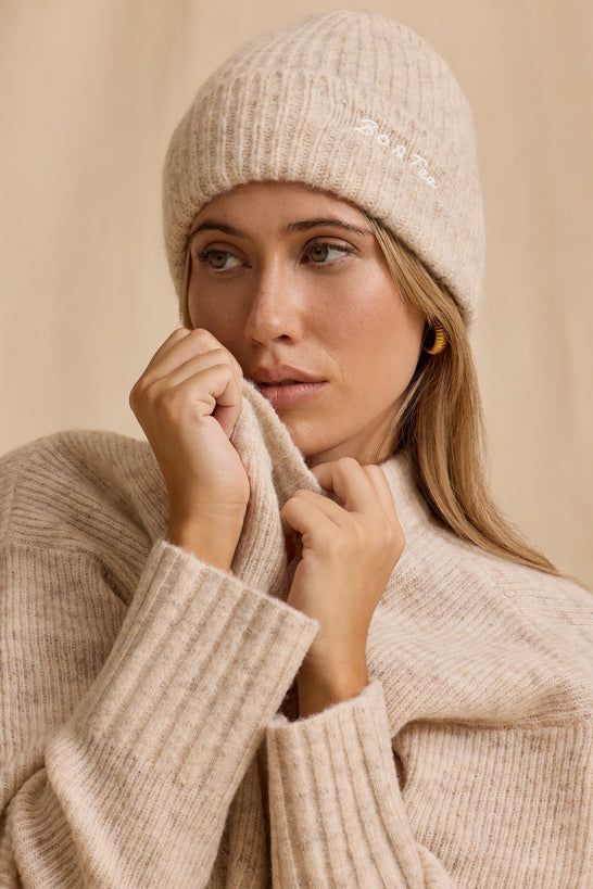 Knit Beanie Hat in Cream Marl