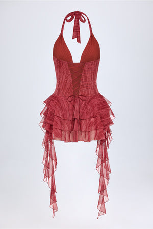 Ruffled Halterneck Bodysuit in Red Print
