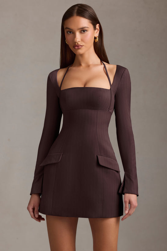 Pinstripe Structured A-Line Mini Dress in Chocolate Brown