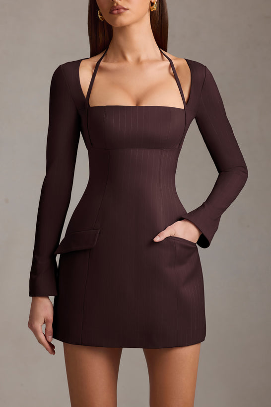 Pinstripe Structured A-Line Mini Dress in Chocolate Brown