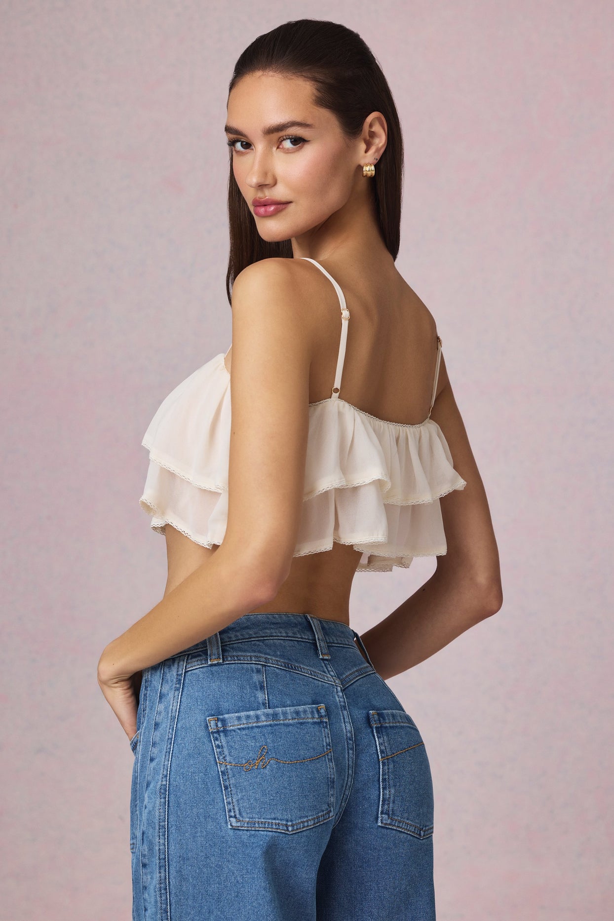 Ruffled Cropped Camisole Top in Ivory - 2