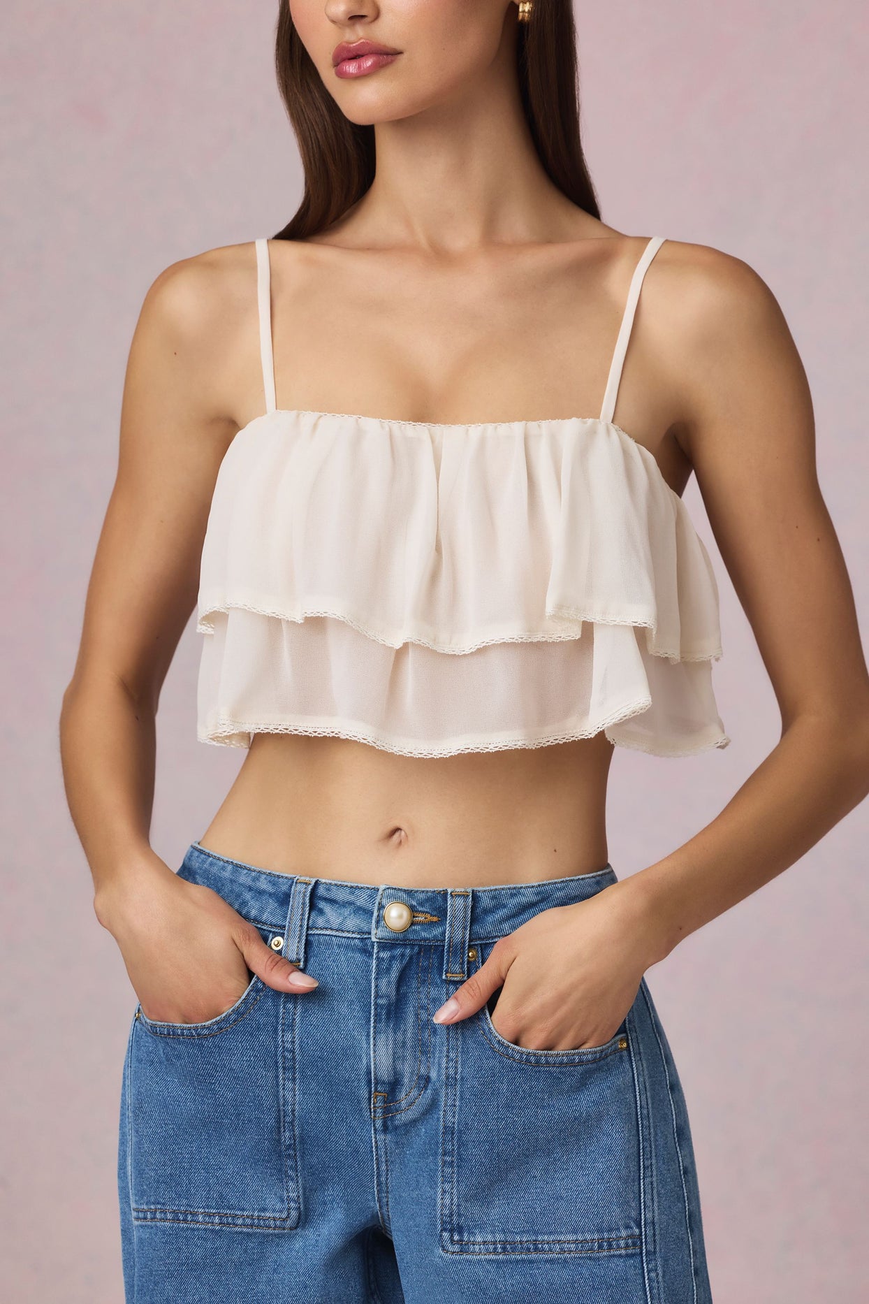 Ruffled Cropped Camisole Top in Ivory - 4