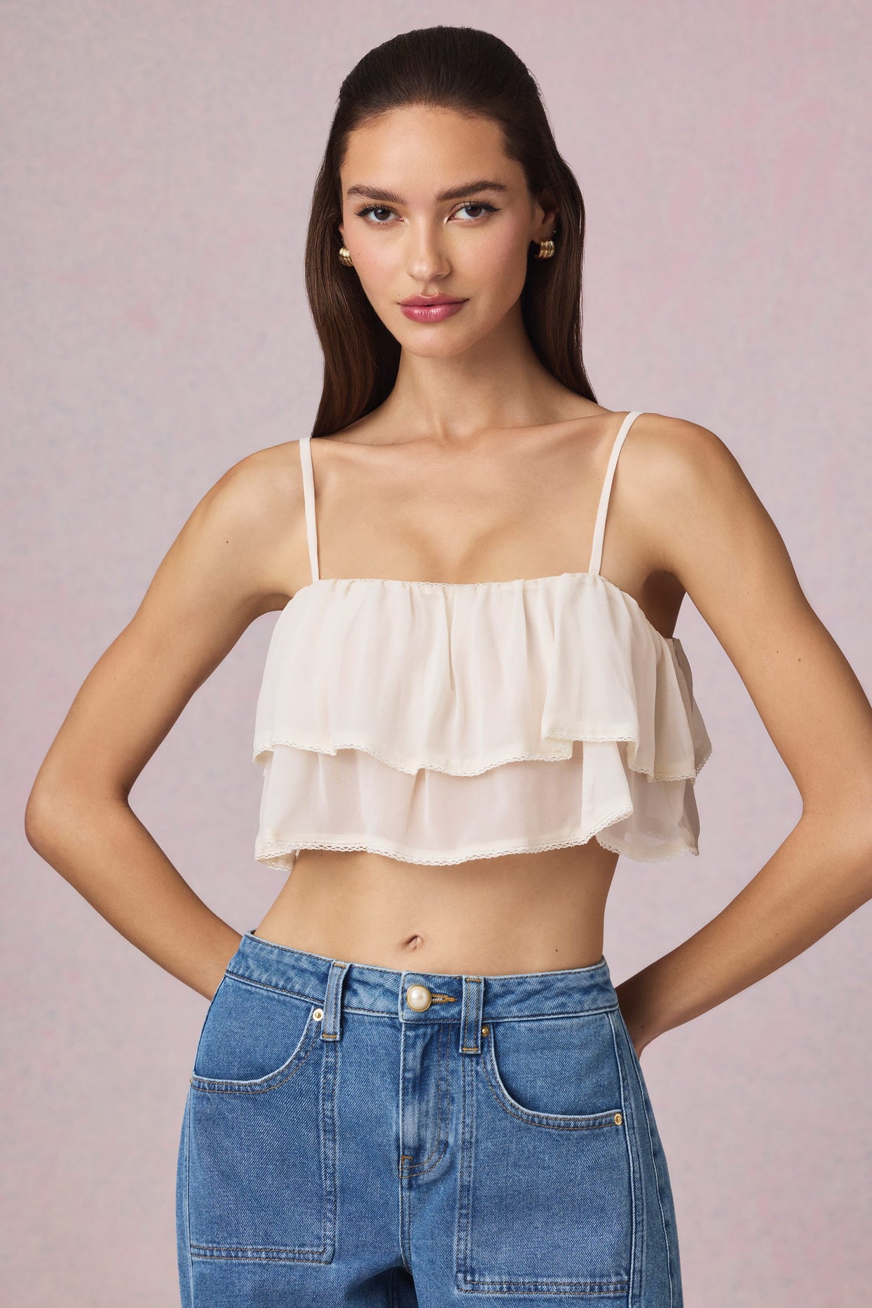 Ruffled Cropped Camisole Top in Ivory - 6