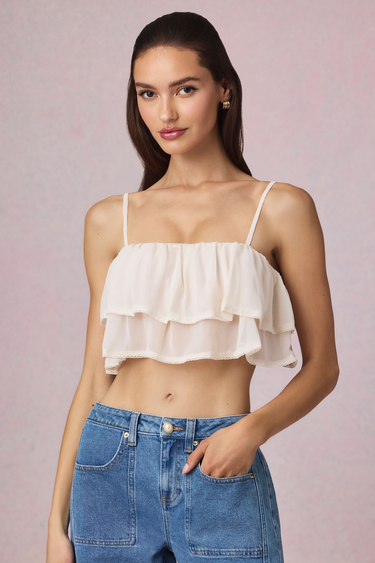 Ruffled Cropped Camisole Top in Ivory - 7