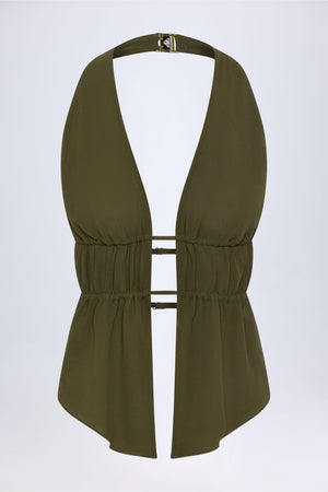 Cut-Out Semi-Sheer Ruched Halterneck Crop Top in Dark Khaki