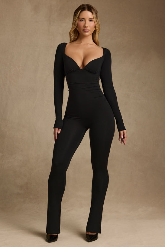 Modal Ruched Long-Sleeve Jumpsuit in Black