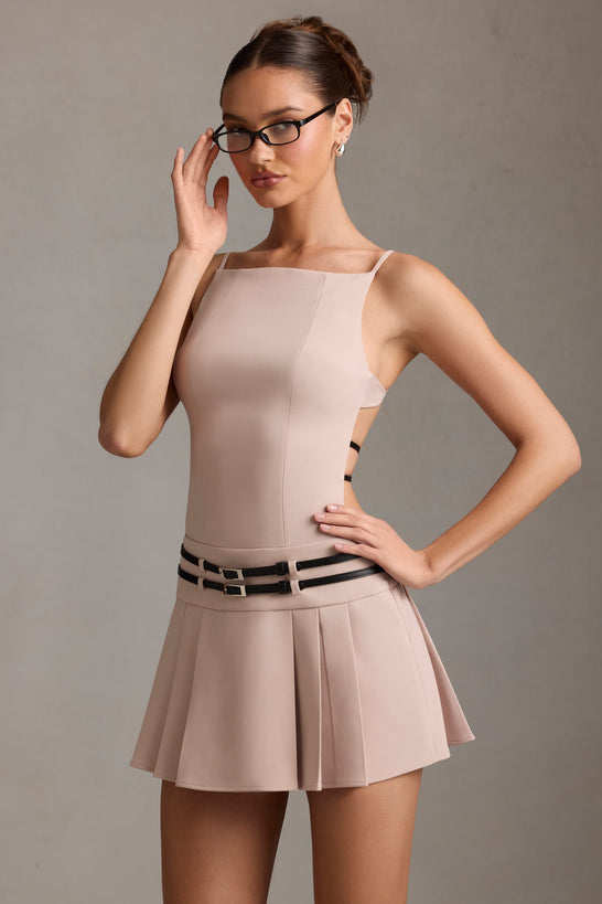 Belted Backless Pleated Mini Dress in Mushroom