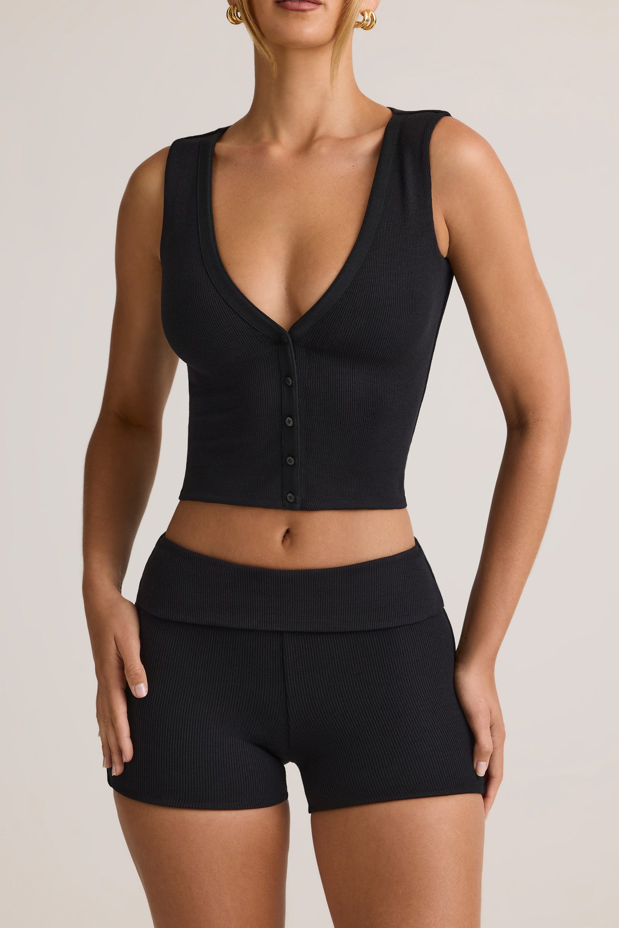 Modal Ribbed Button-Up Vest Top in Black - 2