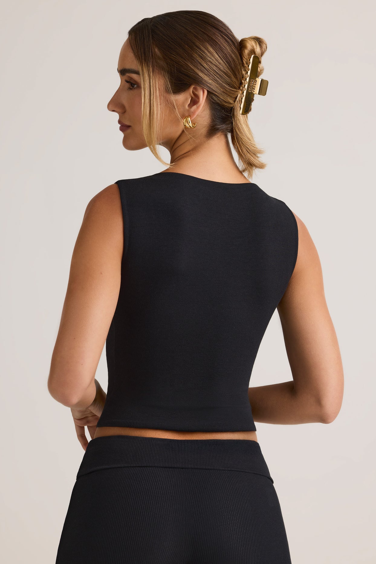 Modal Ribbed Button-Up Vest Top in Black - 3