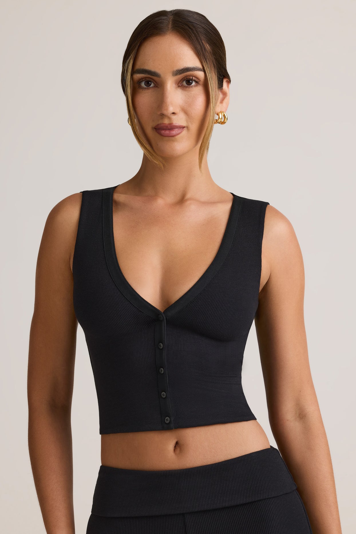 Modal Ribbed Button-Up Vest Top in Black - 5
