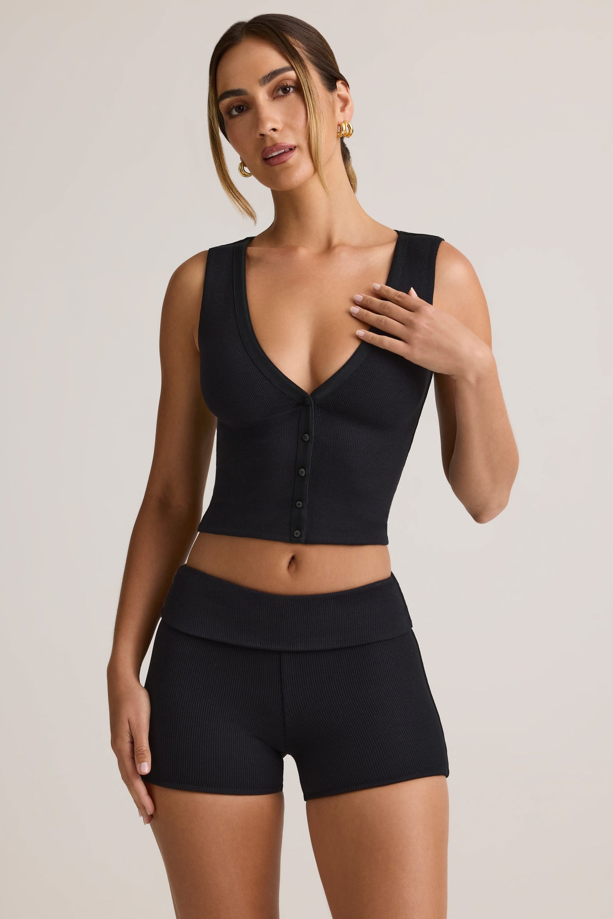 Modal Ribbed Button-Up Vest Top in Black - 6