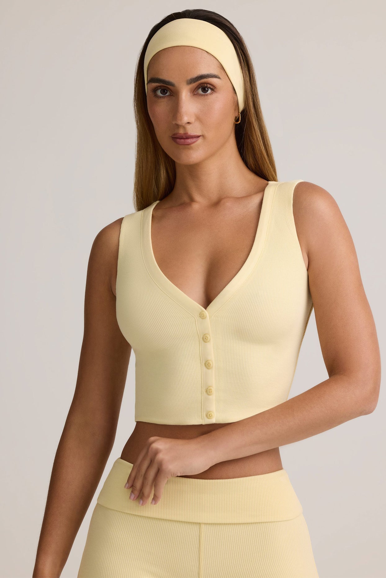 Modal Ribbed Button-Up Vest Top in Buttercream Yellow - 5