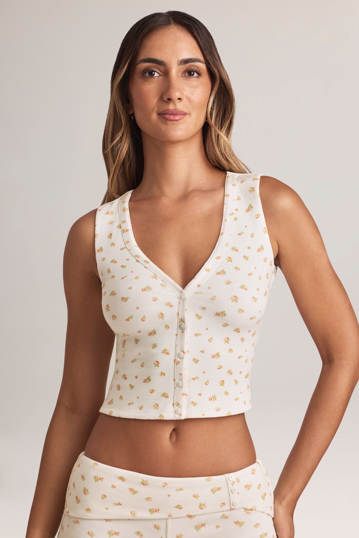 Modal Ribbed Button-Up Vest Top in Floral Print - 2