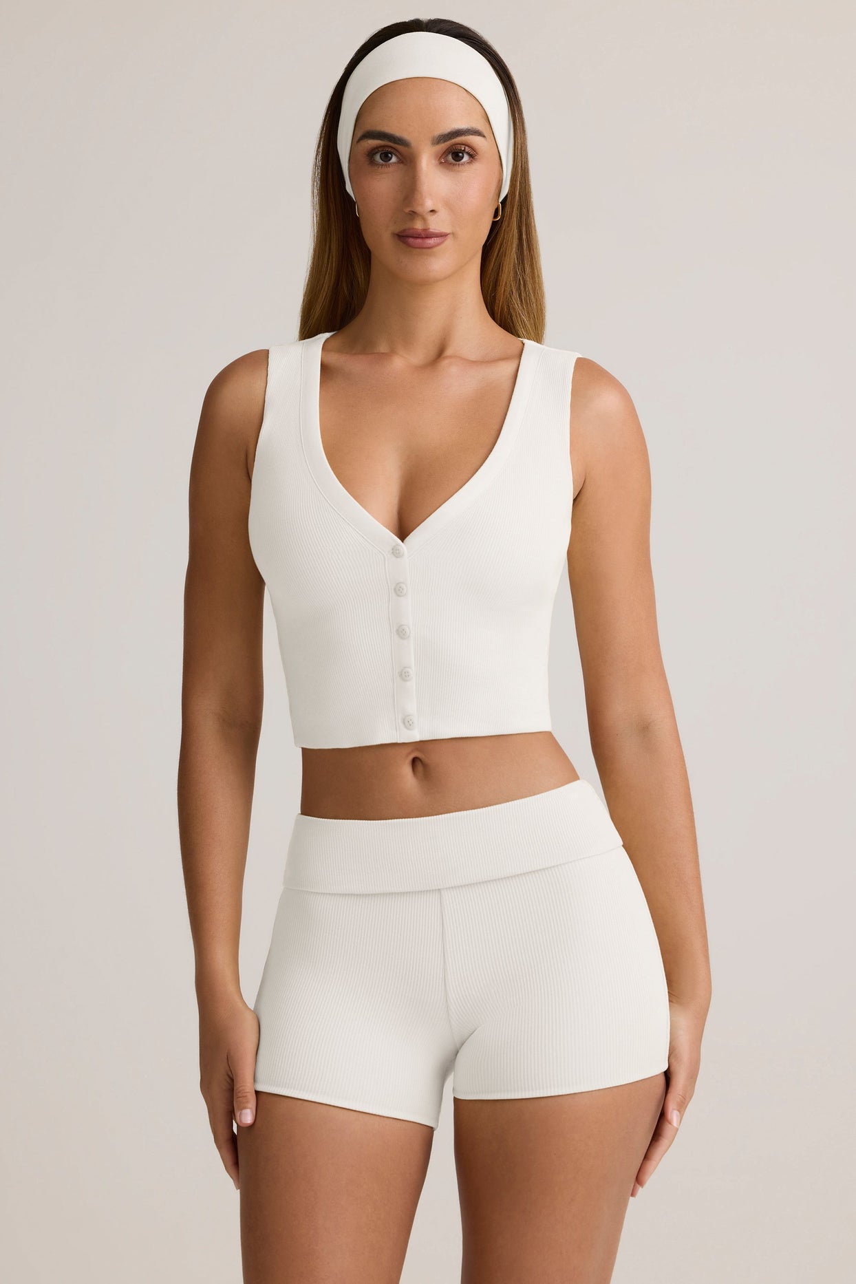 Modal Ribbed Button-Up Vest Top in White - 6