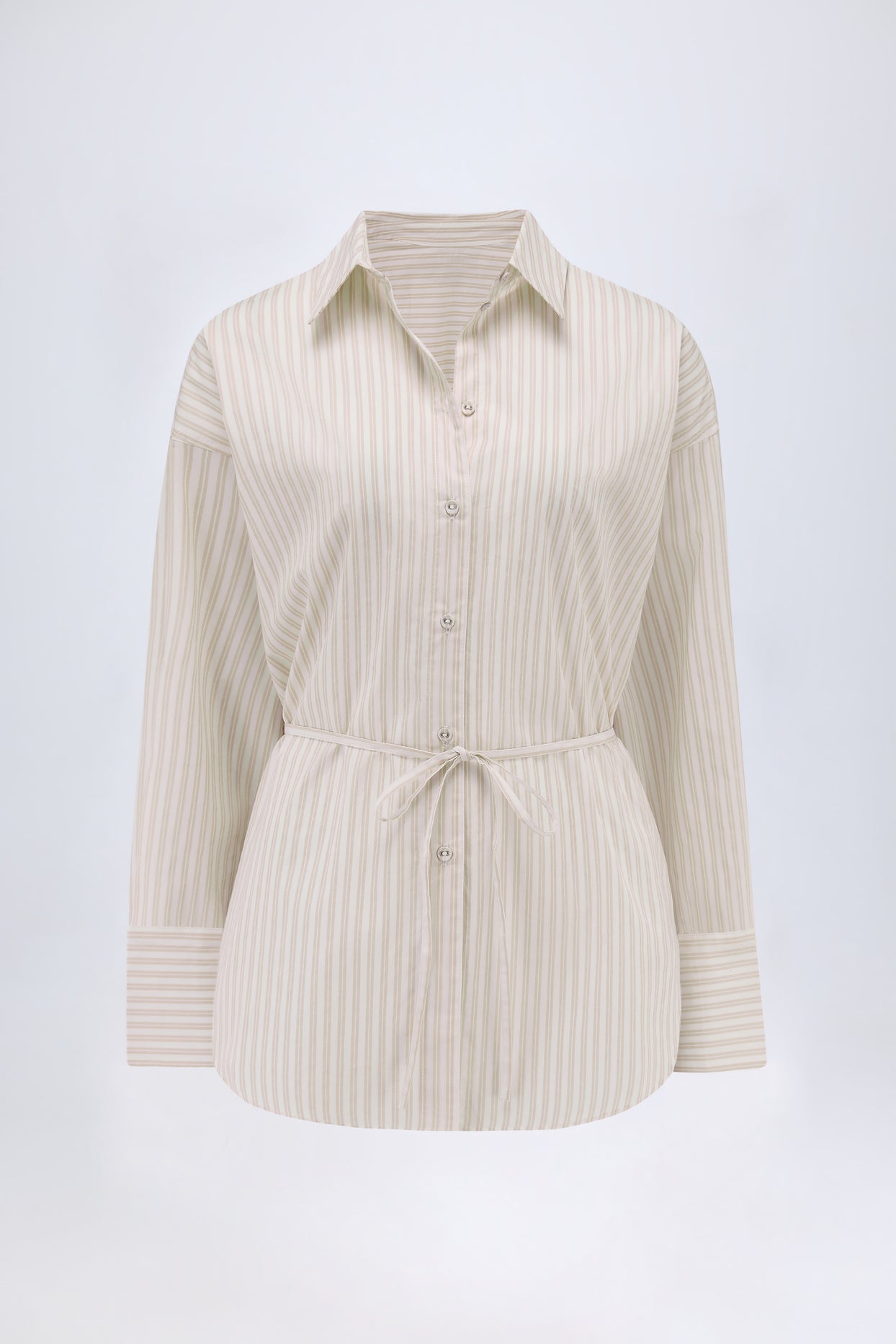 Oversized Cotton-Poplin Shirt in Taupe Stripe - 2