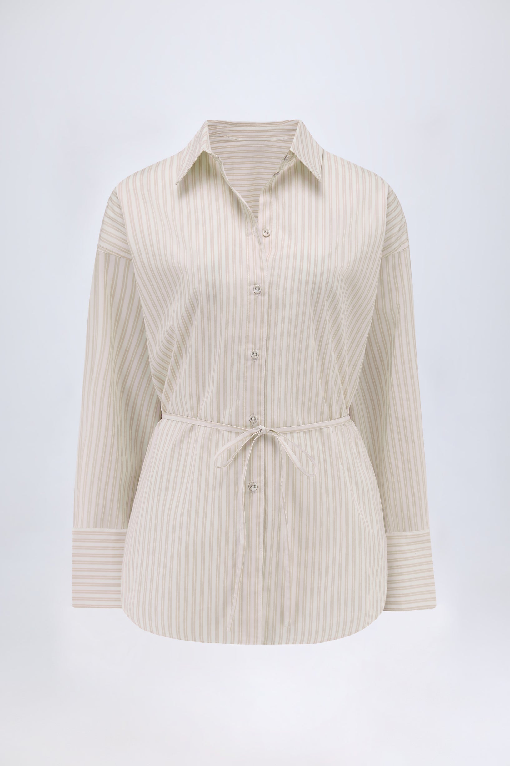 Oversized Cotton-Poplin Shirt in Taupe Stripe - 2