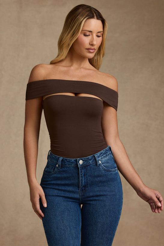 Modal Cut-Out Off-Shoulder Bodysuit in Chocolate Brown