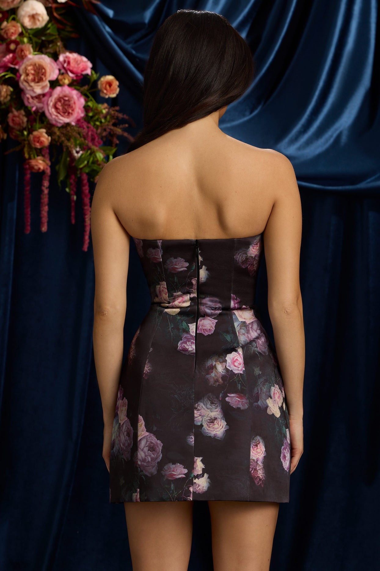 Strapless Structured Tulip Mini Dress in Black Floral Print - 3
