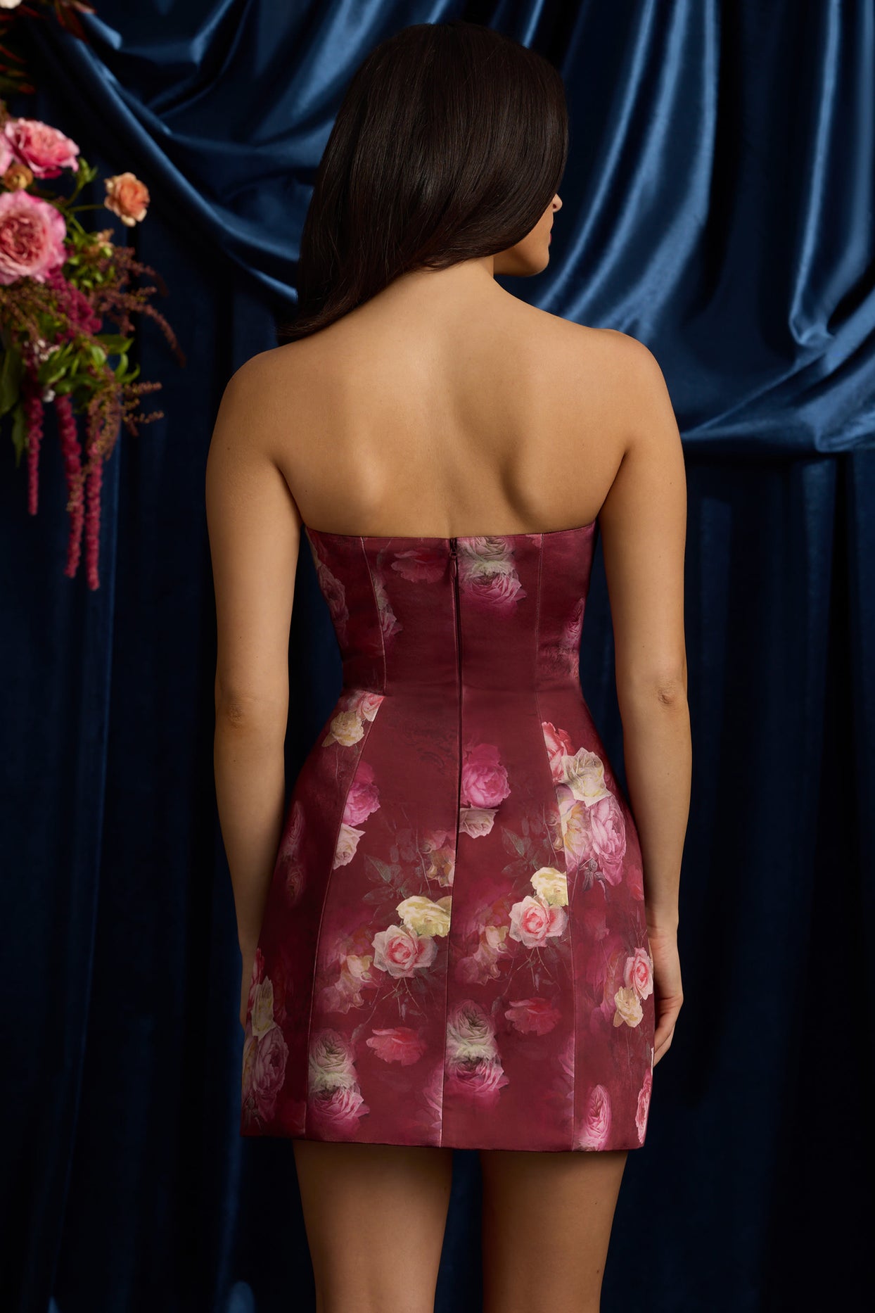 Strapless Structured Tulip Mini Dress in Maroon Floral Print - 3