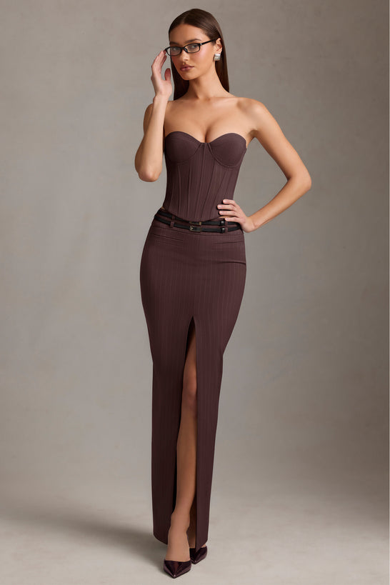 Pinstripe Low-Rise Maxi Skirt in Chocolate Brown