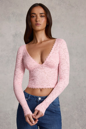 Plunge-Neck Long-Sleeve Lace Top in Pink