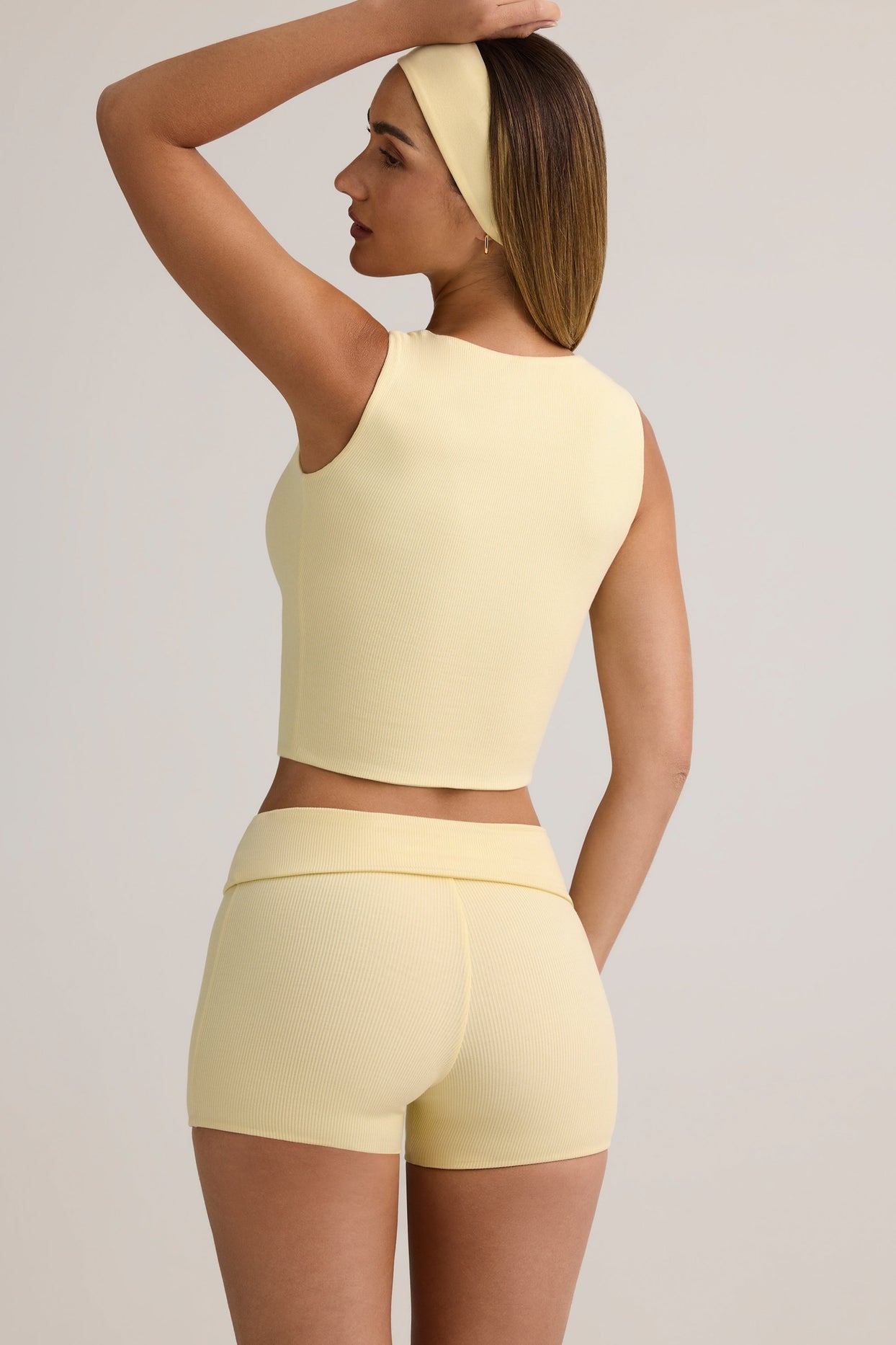 Modal Ribbed Mid-Rise Foldover Shorts in Buttercream Yellow - 2