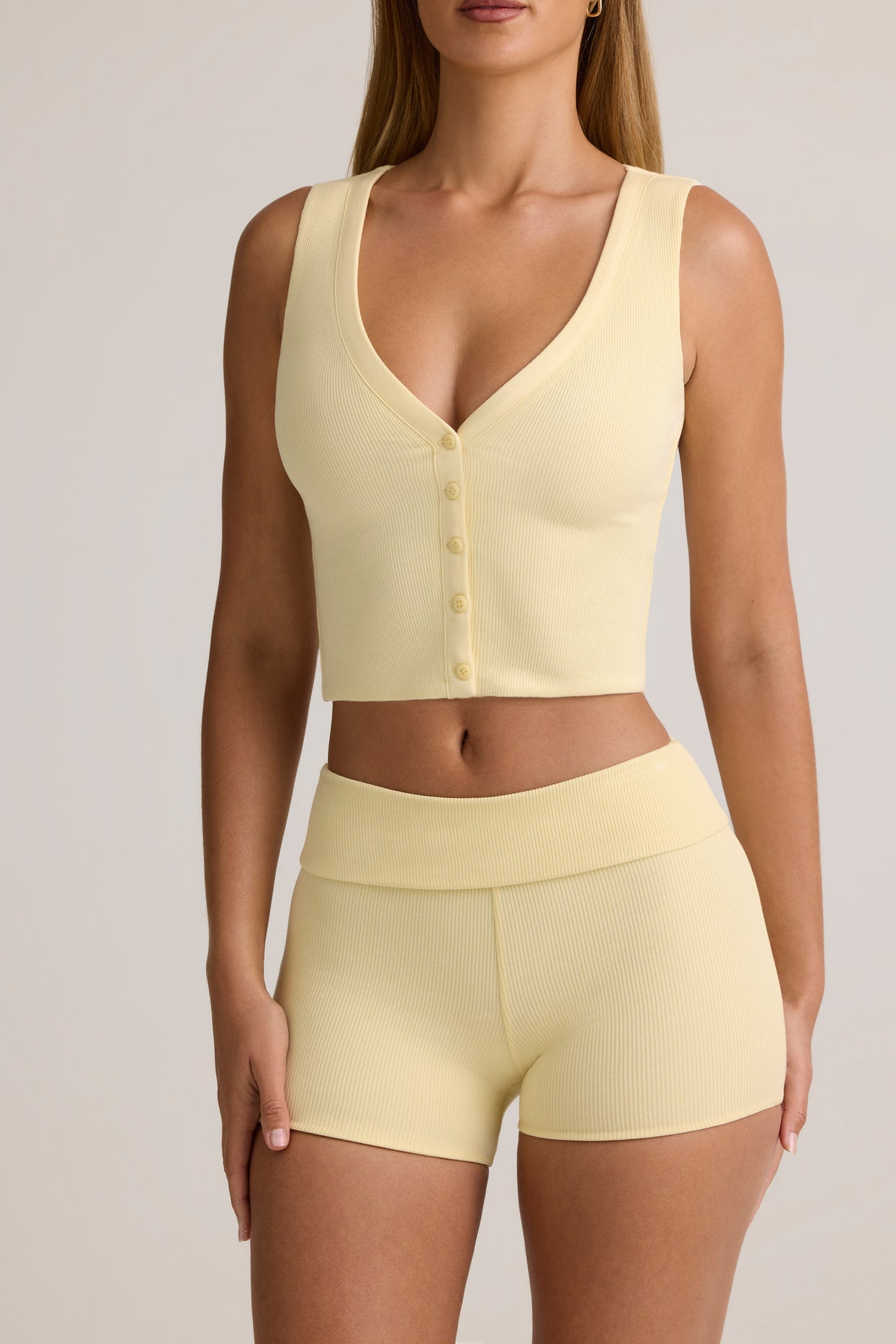 Modal Ribbed Mid-Rise Foldover Shorts in Buttercream Yellow - 4
