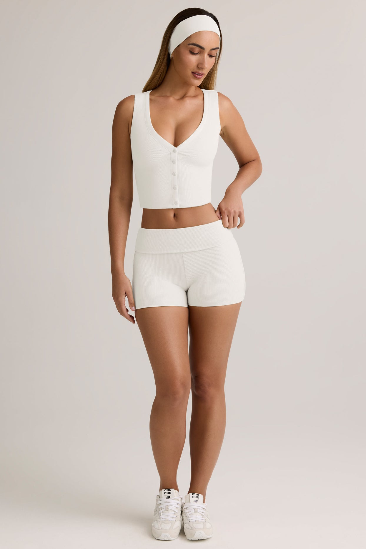 Modal Ribbed Mid-Rise Foldover Shorts in White - 1
