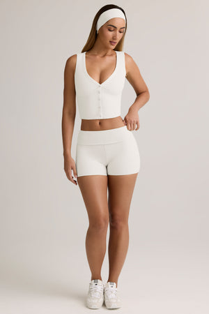 Modal Ribbed Mid-Rise Foldover Shorts in White