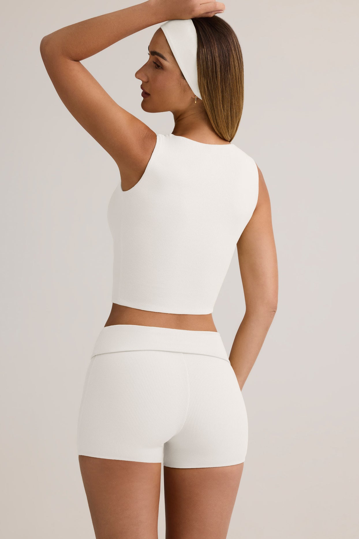 Modal Ribbed Mid-Rise Foldover Shorts in White - 2