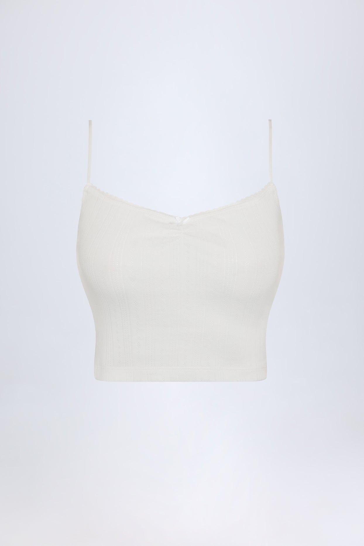 Pointelle Ruched Camisole Crop Top in White - 3