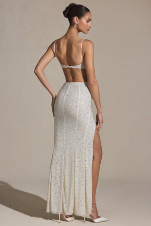 Embellished Cut-Out Fishtail Maxi Dress in White