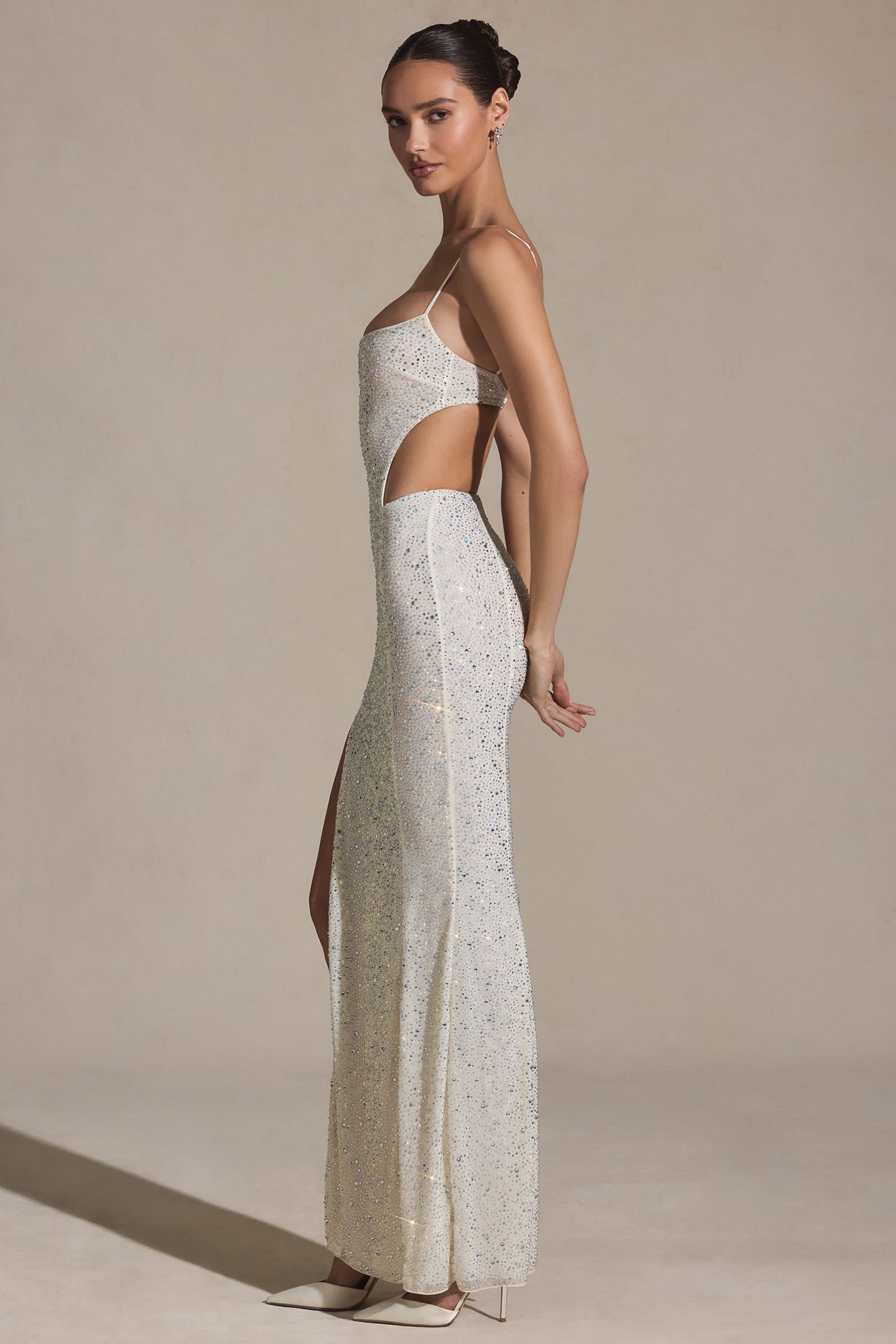 Embellished Cut-Out Fishtail Maxi Dress in White - 3
