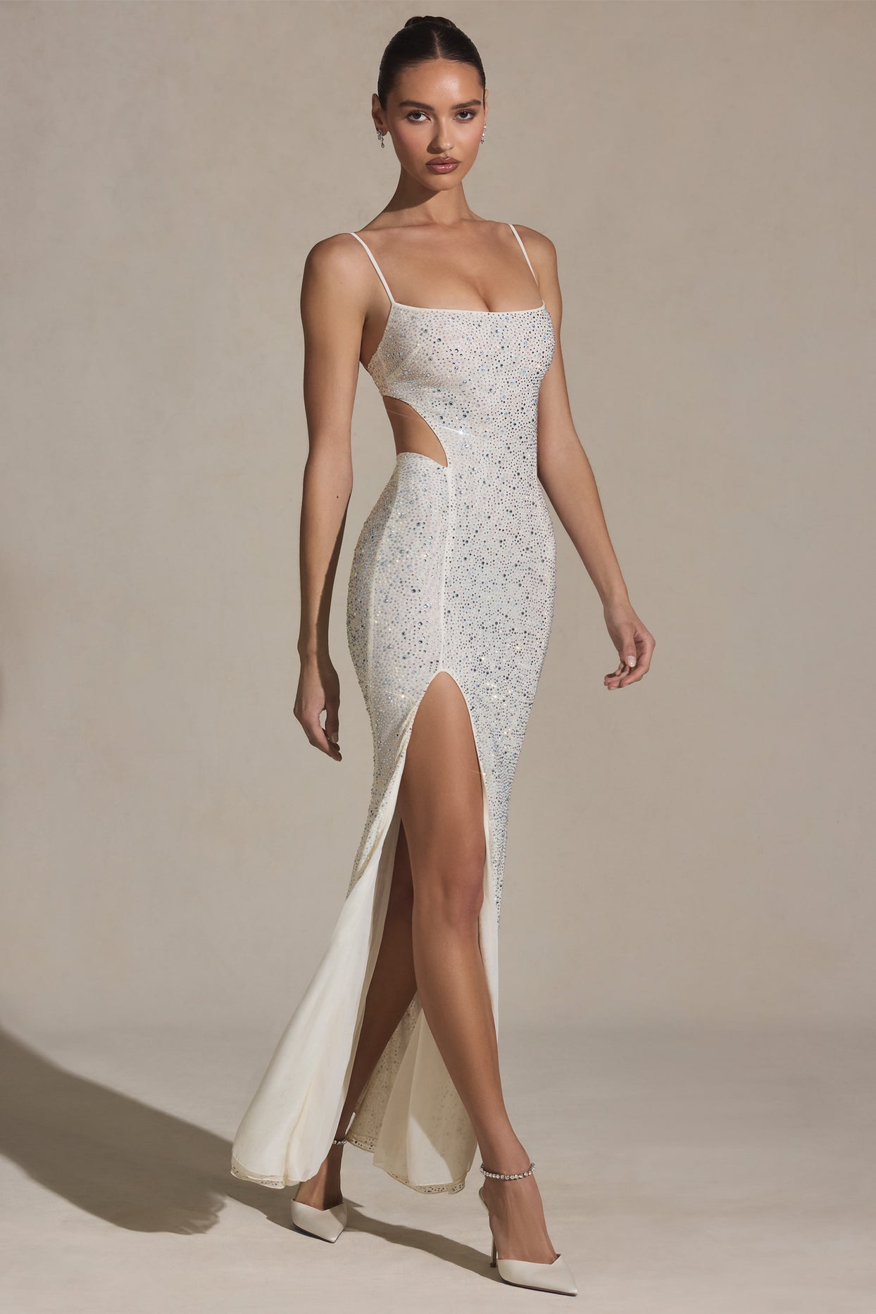 Embellished Cut-Out Fishtail Maxi Dress in White - 6