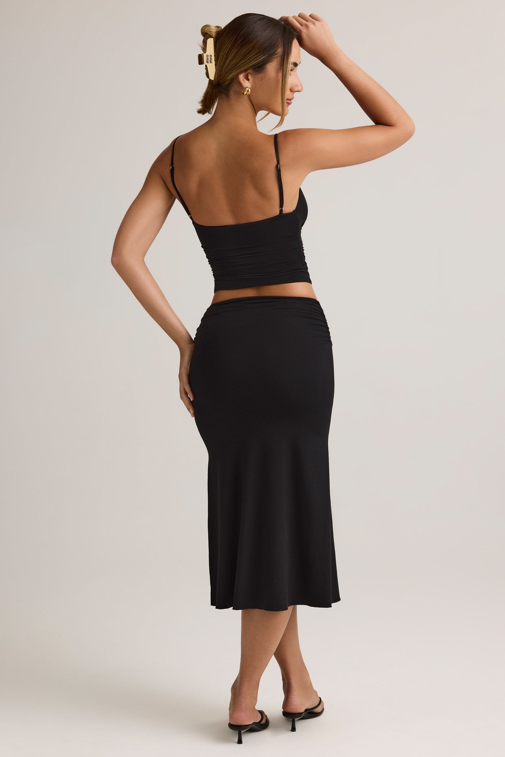 Modal Ruched Mid-Rise Midaxi Skirt in Black - 2