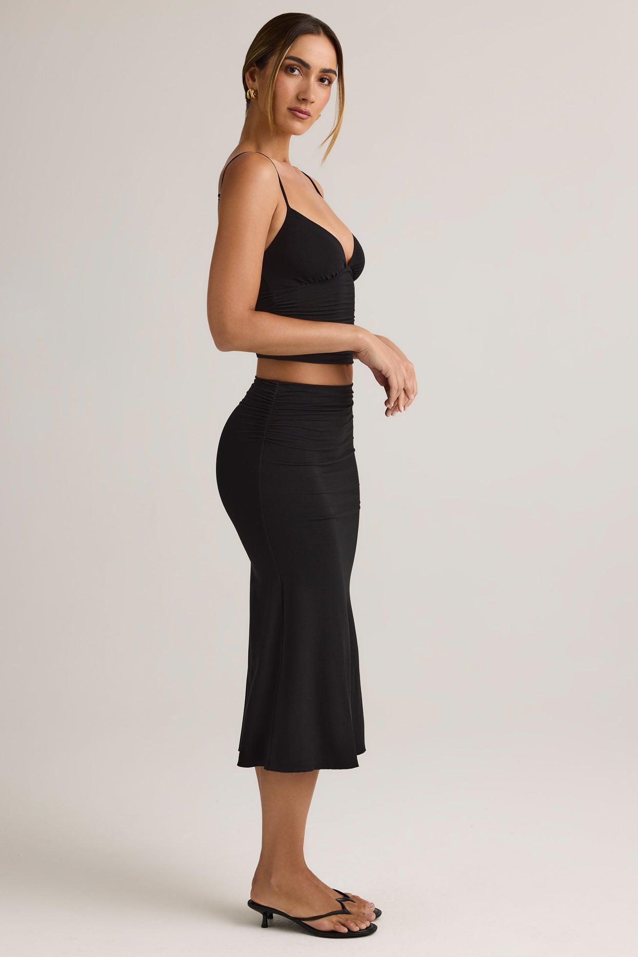 Modal Ruched Mid-Rise Midaxi Skirt in Black - 3