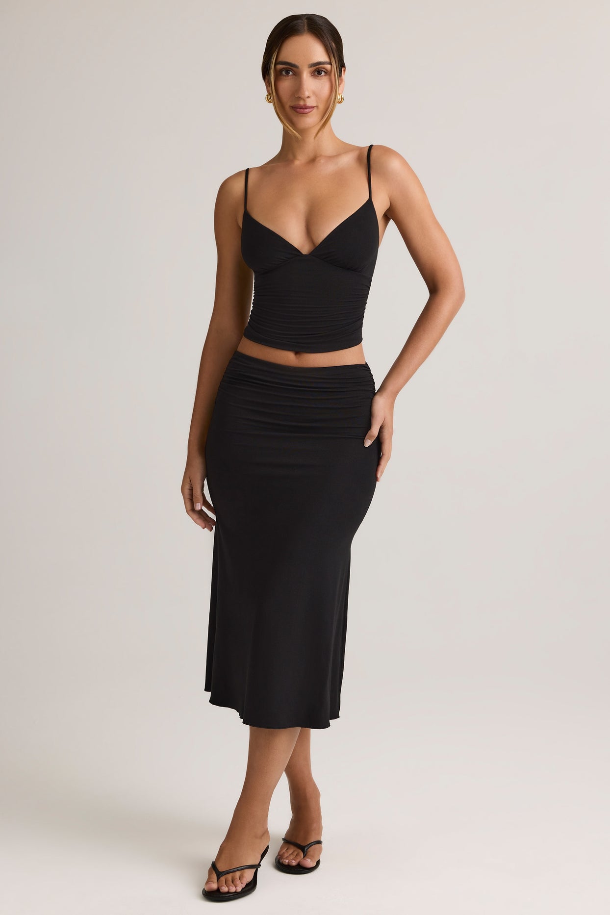 Modal Ruched Mid-Rise Midaxi Skirt in Black - 4