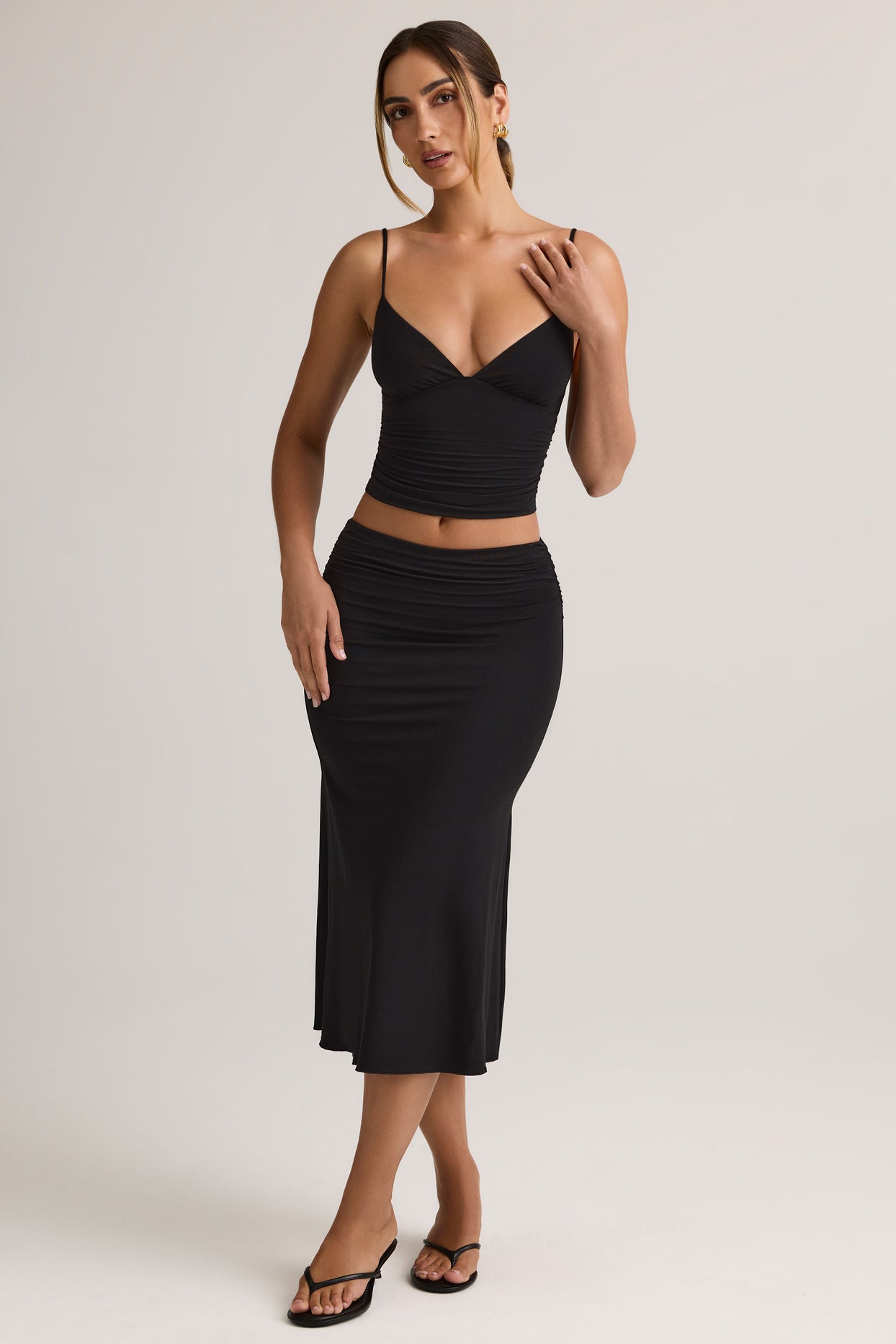 Modal Ruched Mid-Rise Midaxi Skirt in Black - 5