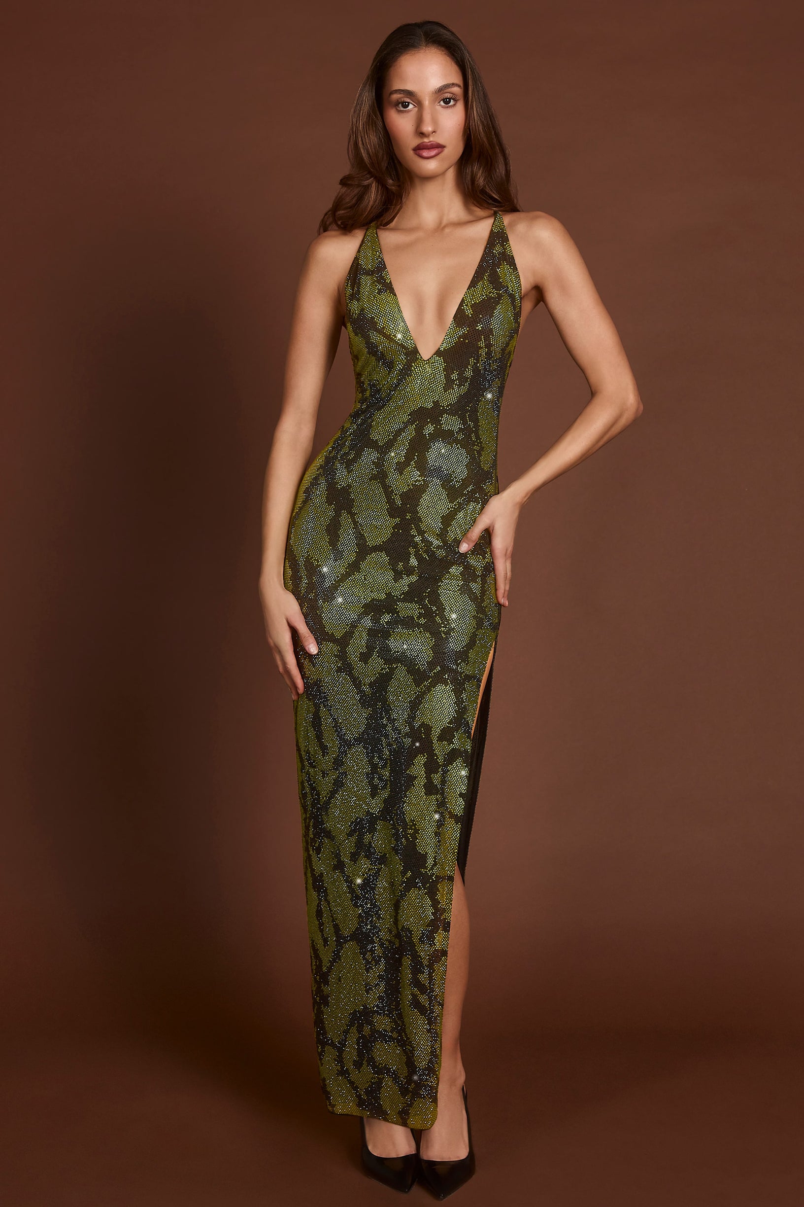 Embellished Halterneck Maxi Dress in Green Snake - 1