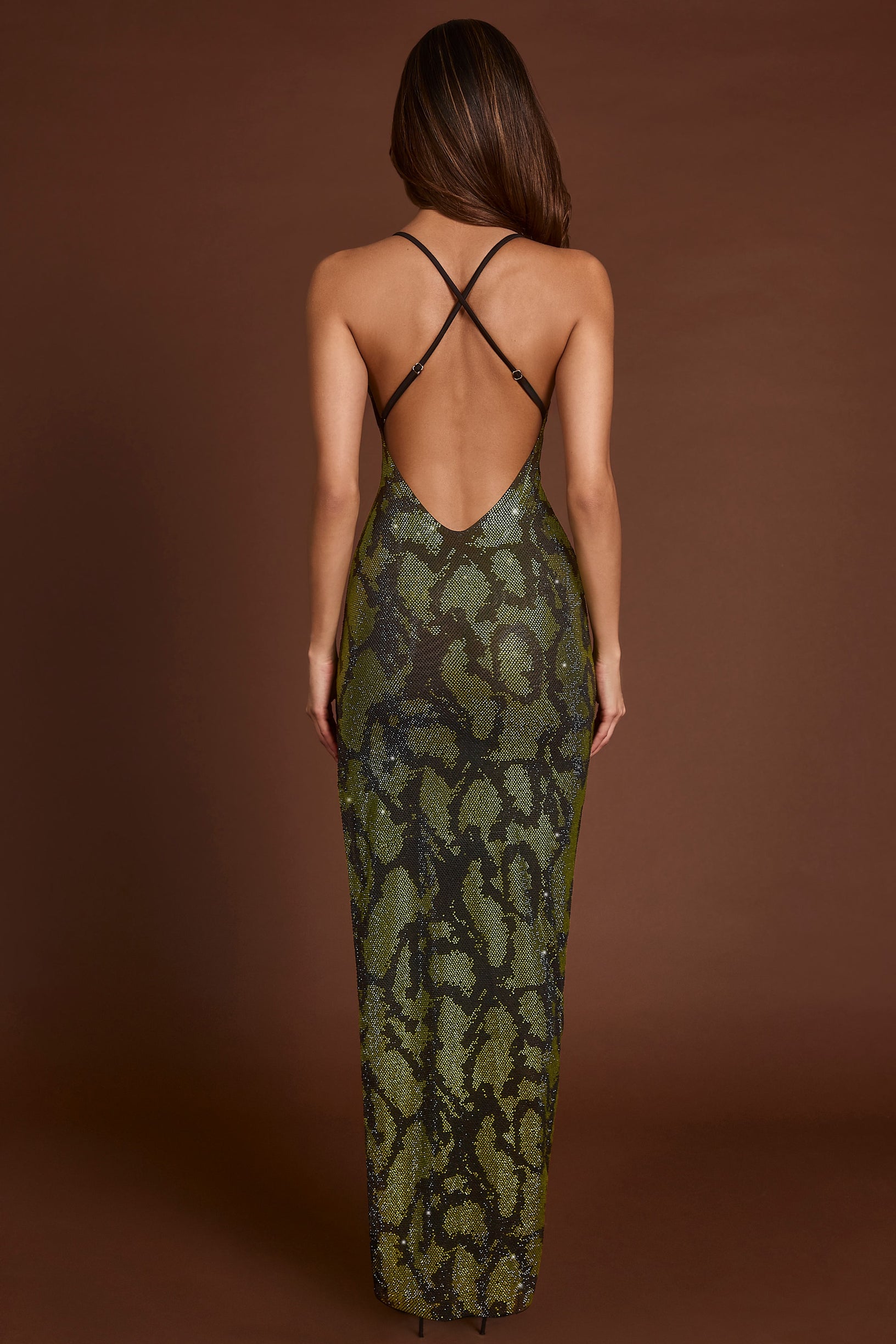 Embellished Halterneck Maxi Dress in Green Snake - 2